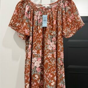 LOFT Floral Blouse in Rust and Pink